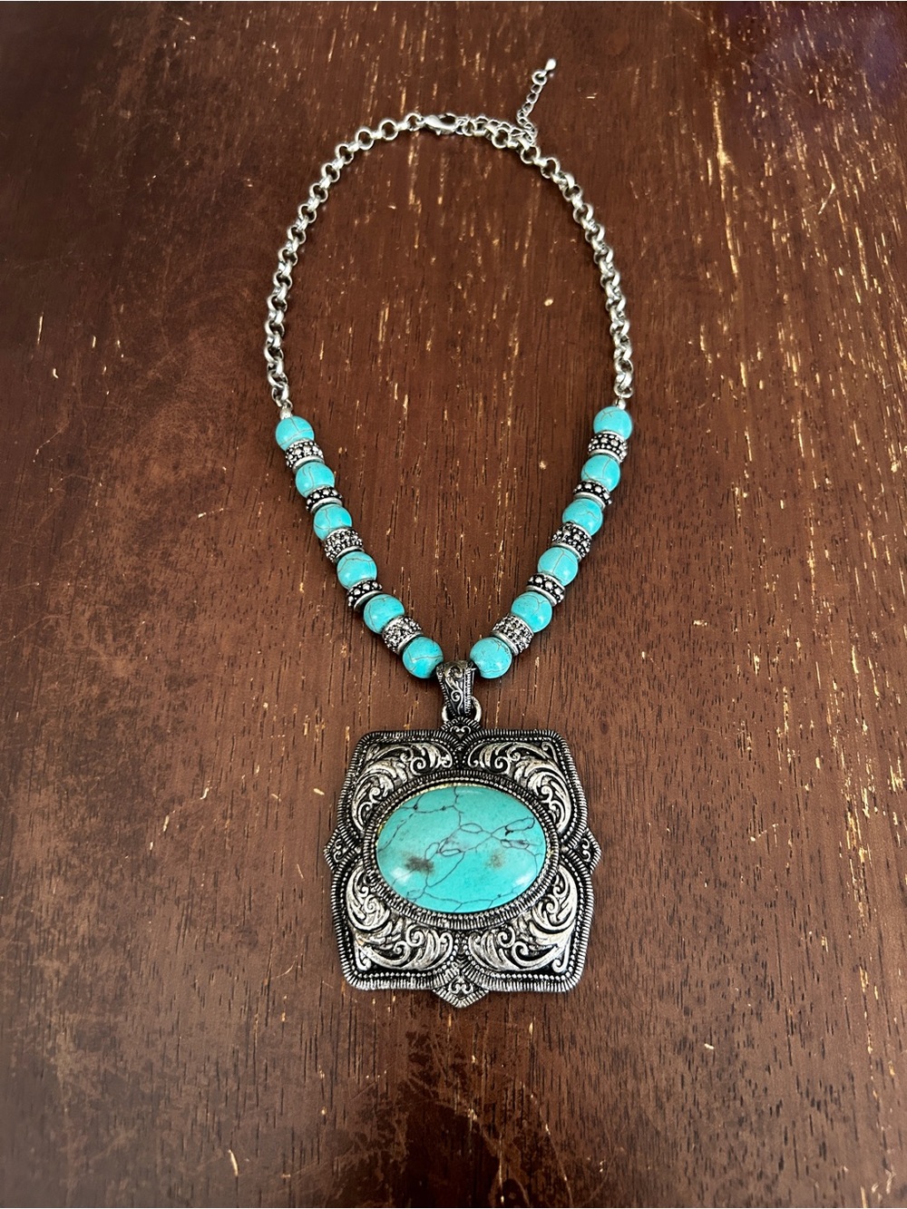 Turquoise Bead Statement Necklace with Ornate Silver Pendant